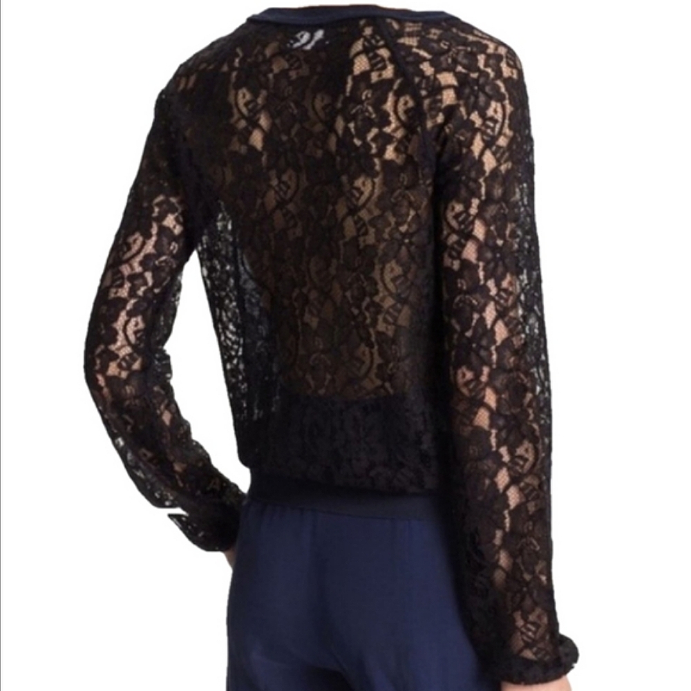 🆕 DIANE VON FURSTENBERG NAVY LONG SLEEVE SWEATER WITH BLACK LACE SLEEVES - Picture 5 of 13